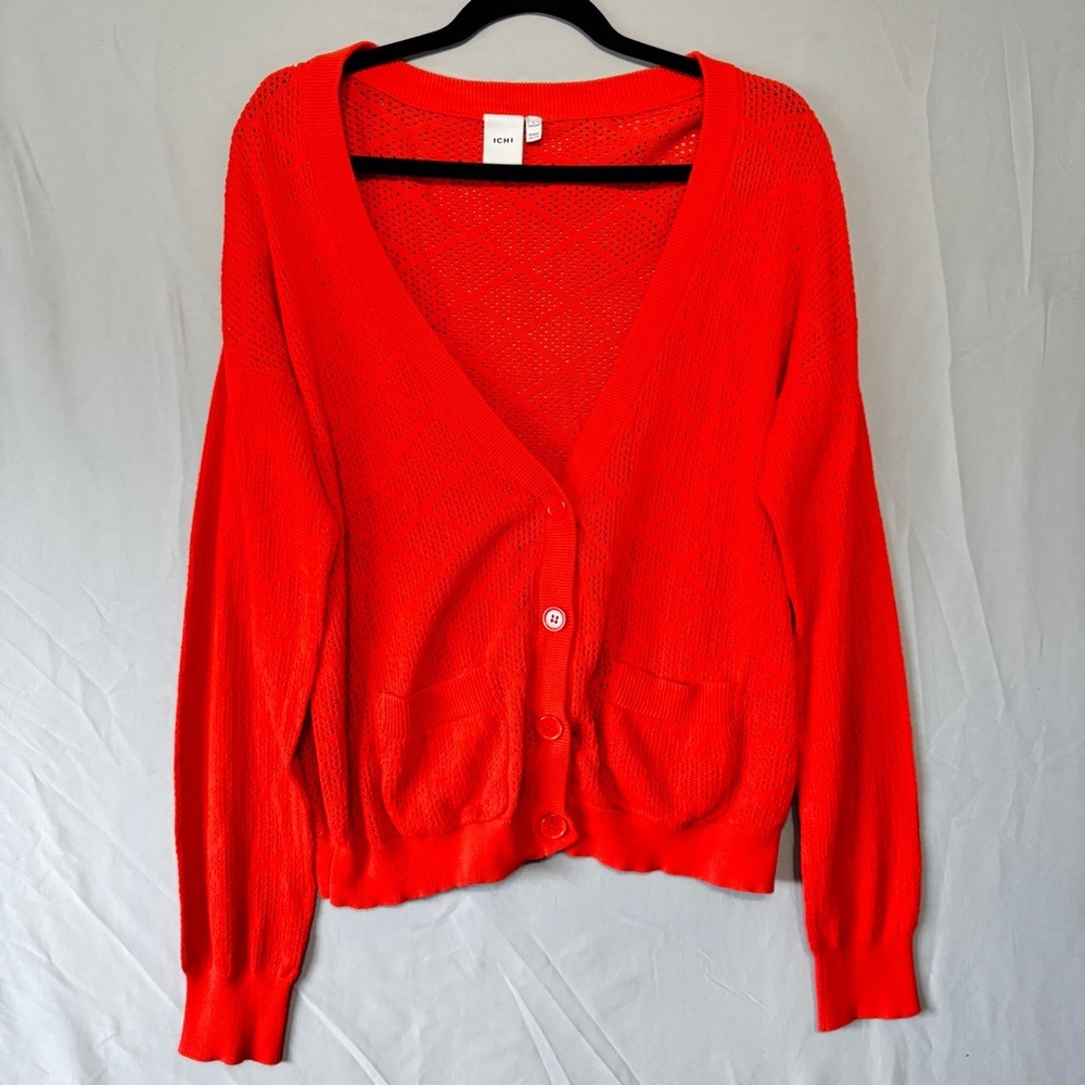 Ichi Womens Open Knit Cardigan Size Large Orange Showgirl Office Work Capsule